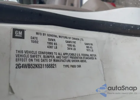 2003 Buick Regal Ls z USA, uszkodzony, nr VIN 2G4WB52K631166821